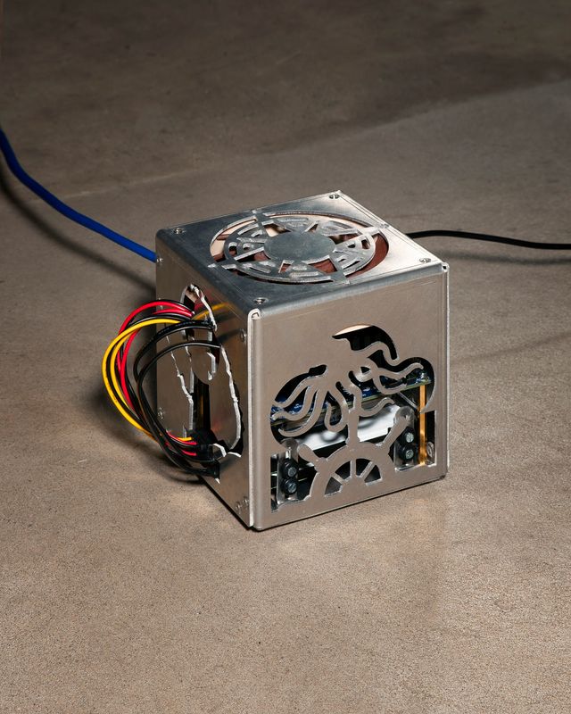 Photograph of a metal cased server-sculpture