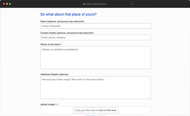 Website screenshot of the empty housing hotline