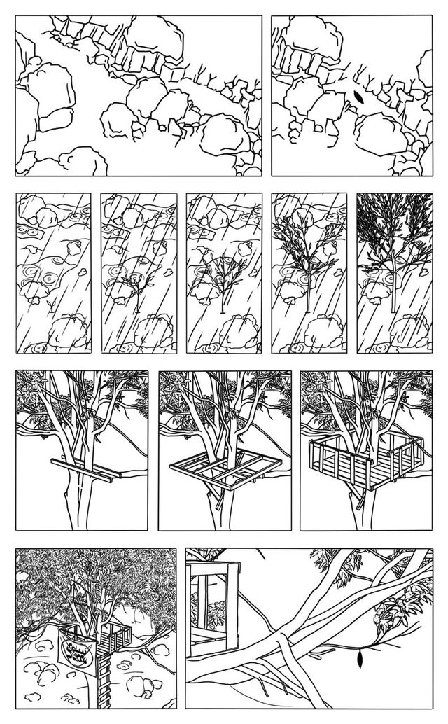 comic strip depicting a tree house being built